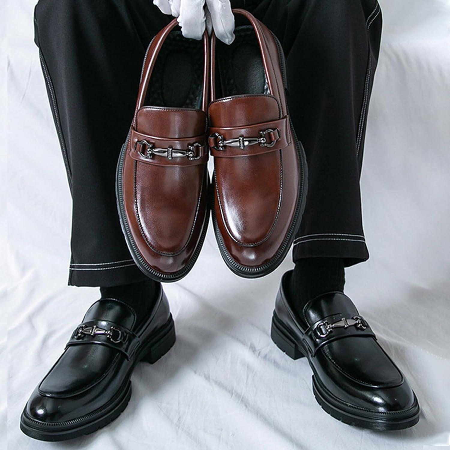 Men's Soft Leather Platform Chunky Penny Loafers, Fashion Metal Chain Business Casual Slip-On Formal Work Shoes