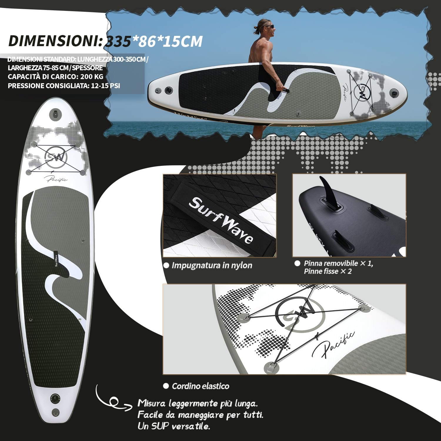 Stand Up Paddle Gonfiabile Sup Gonfiabile Adulti con Accessori Premium Pagaia Regolabile, Pompa A Mano, Pinna, Guinzaglio, Kit Di Riparazione, Zaino