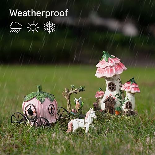 Miniatura 3 de LA Jolie Muse Jardín de hadas de resina, casa de campo de techo floral en miniatura con luces LED solares, juego de 3 figuras de casa de hadas con