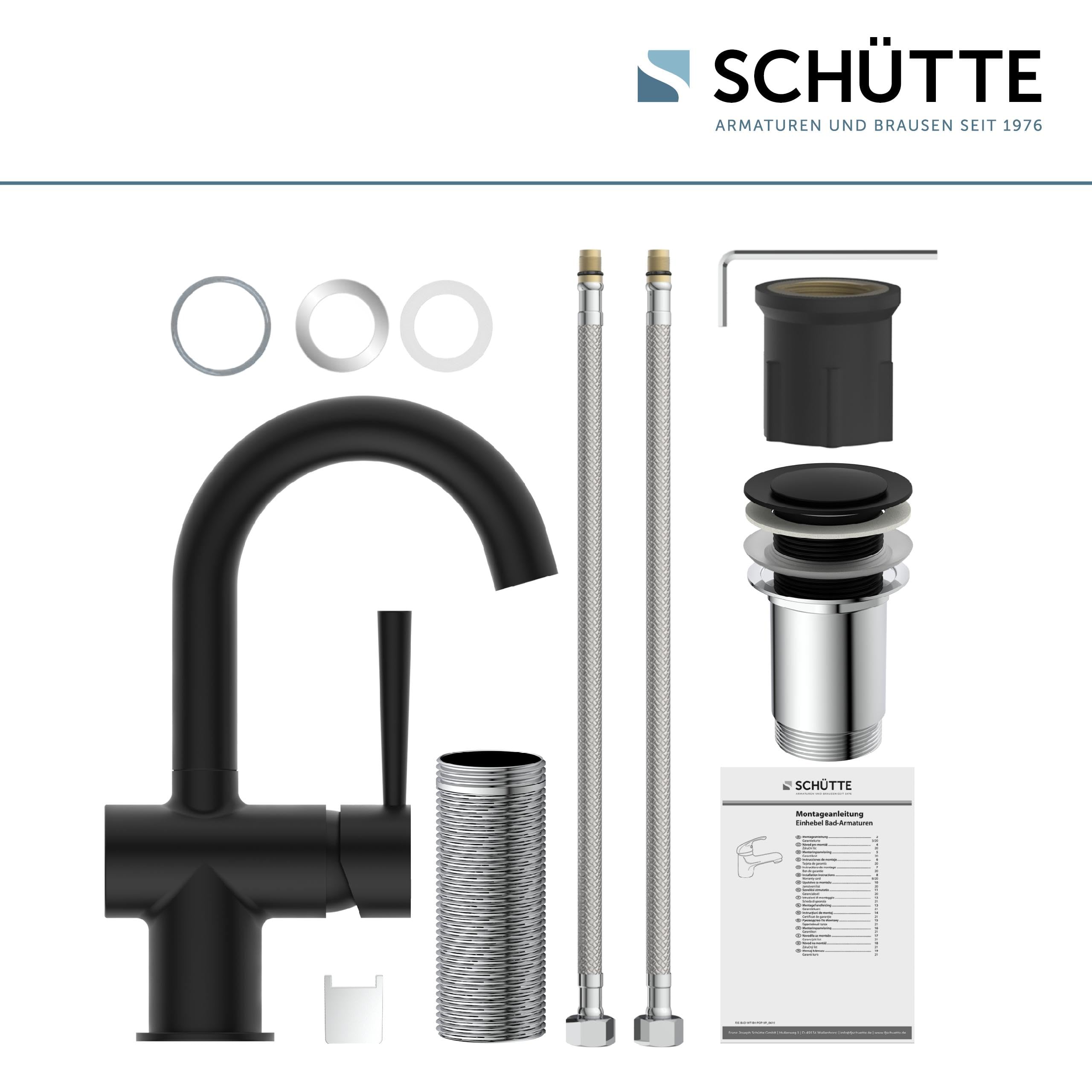SCHÜTTE 79016 Bateria umywalkowa CORNWALL z wysokim wylewką, kran do łazienki z mimośrodowym pop-up, armatura łazienkowa z mieszaczem jednouchwytowym, bateria mieszakowa w kolorze czarnym matowym