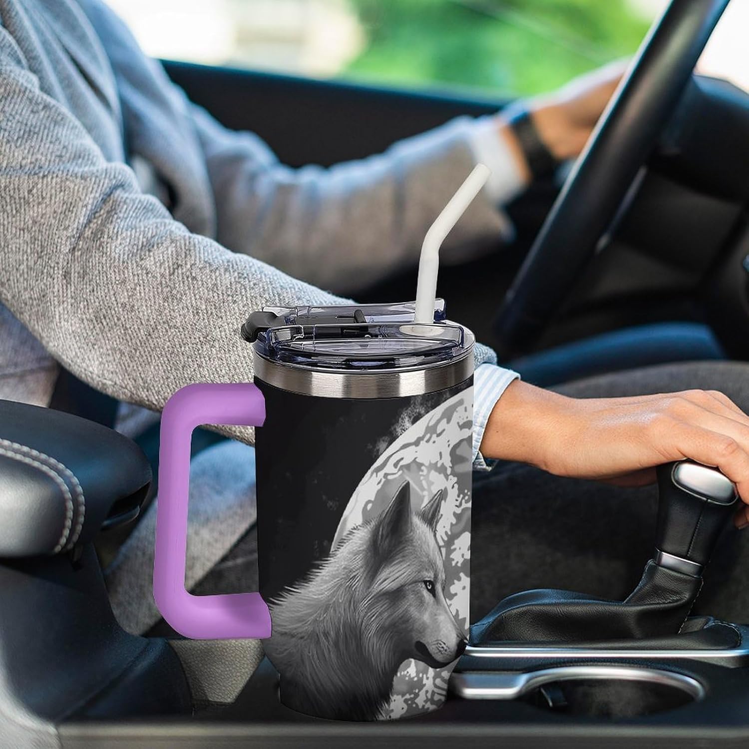 Wolves Under The Moon Travel Coffee Mug Reusable Durable Stainless Steel Insulated Tumbler with Handle And Straw Leak Resistant Portable Thermal Cup Gifts for Men Women 40 Oz