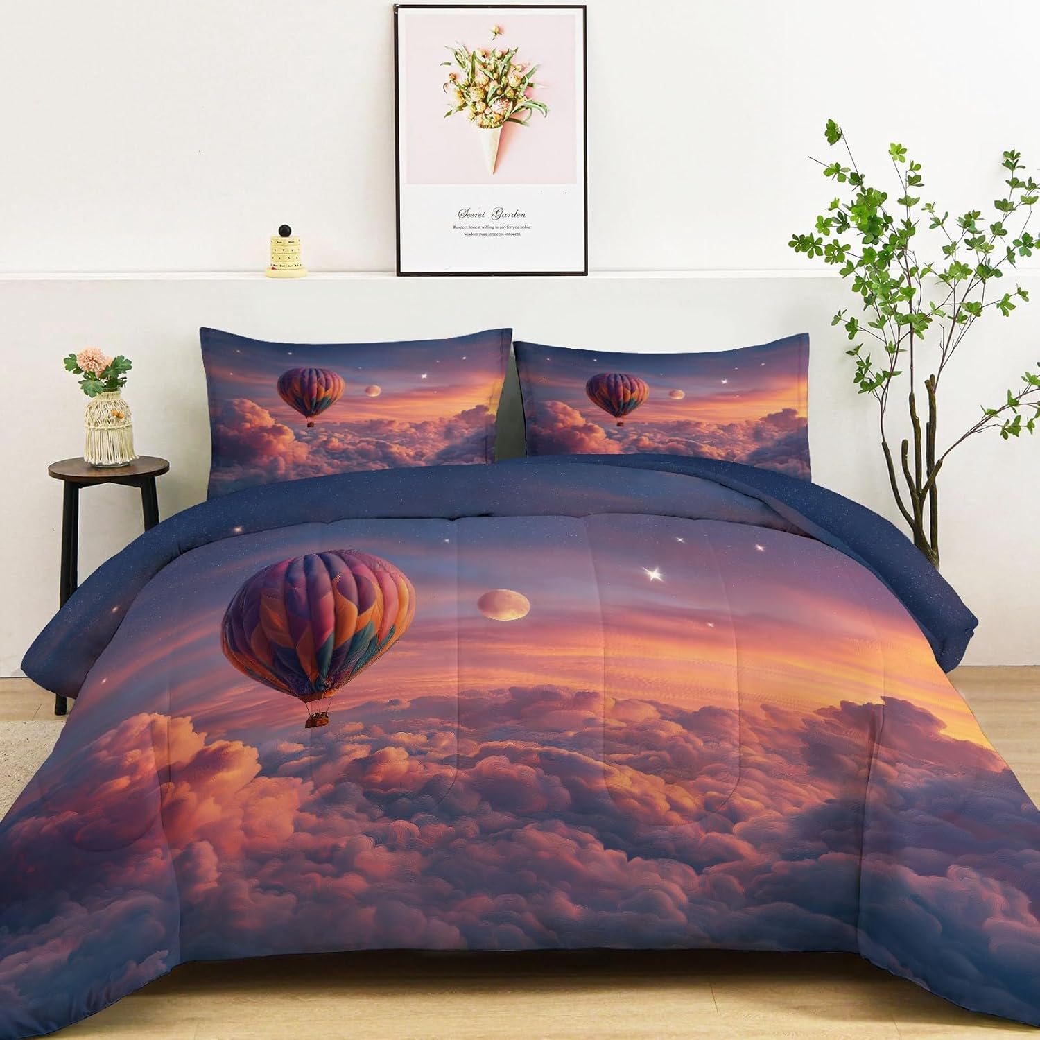 3 Pieces Hot Air Balloon Star Sunset Bedding Set, Fantasy King Comforter Set for Kids Girls Room Decor, Aesthetic Soft Microfiber Quilt for All Season (104" x 90")