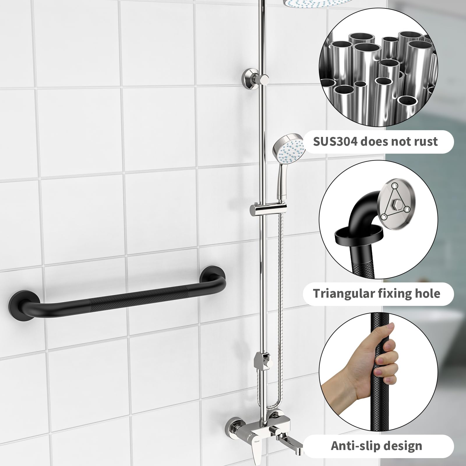 ZUEXT - Confezione da 2 barre di sicurezza per bagno, 50,8 cm, nero opaco, con impugnatura zigrinata, corrimano di sicurezza antiscivolo in acciaio inox per WC, doccia, vasca da bagno, barra di