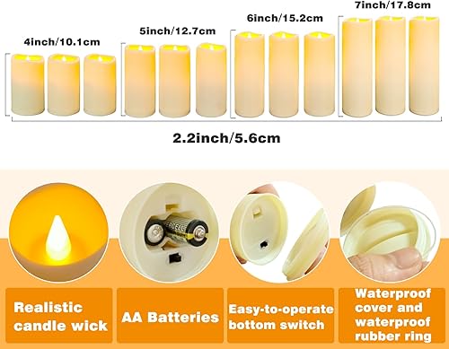 Miniatura 2 de YIWER Juego de 24 velas de plástico impermeables sin llama velas de pilar parpadeantes de color marfil con función de temporizador de 10 teclas con