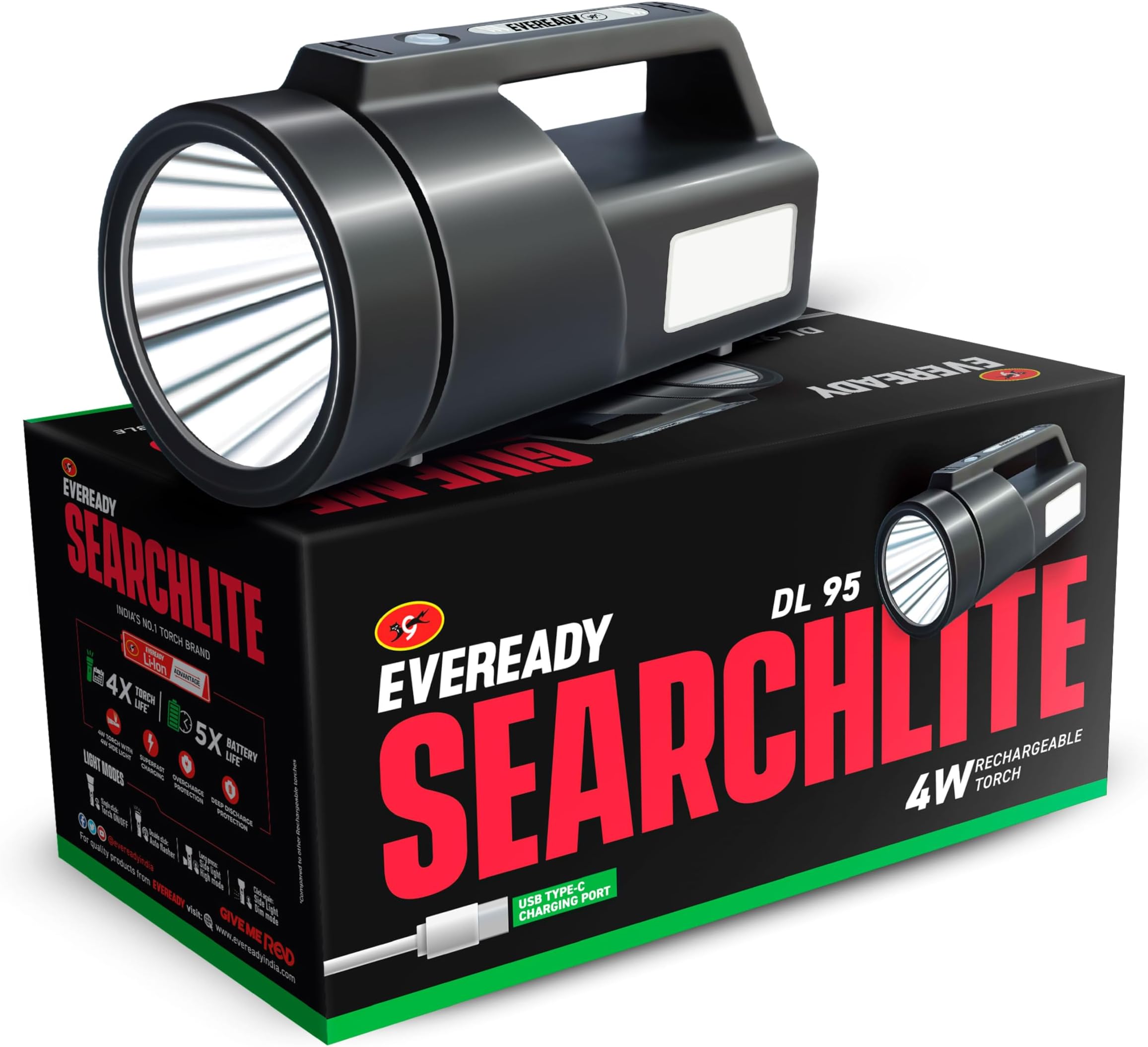 EVEREADY SEARCHLITE DL95, Kissan Torch, Rechargeable 4W Torch Cum 4W Emergency Sidelight, Type-C USB Fast Charging, Glow-in-THE-Dark Strip, Overcharge & Deep Discharge Protection