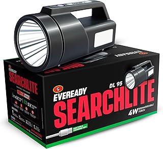 EVEREADY SEARCHLITE DL95, Kissan Torch, Rechargeable 4W Torch Cum 4W Emergency Sidelight, Type-C USB Fast Charging, Glow-in-THE-Dark Strip, Overcharge
