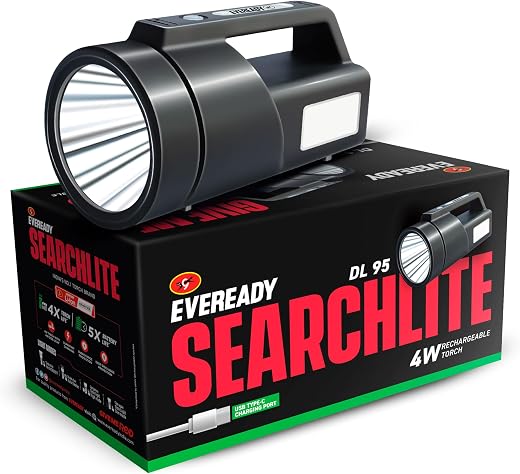 EVEREADY SEARCHLITE DL95, Rechargeable 4W Torch Cum 4W Emergency Sidelight, Type-C USB Fast Charging, Glow-in-THE-Dark Str...