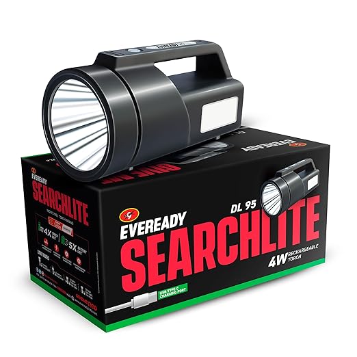 Eveready SEARCHLITE DL95, Kissan Torch, Rechargeable 4W Torch Cum 4W Emergency Sidelight, Type-C USB Fast Charging, Glow-in-The-Dark Strip, Overcharge & Deep Discharge Protection