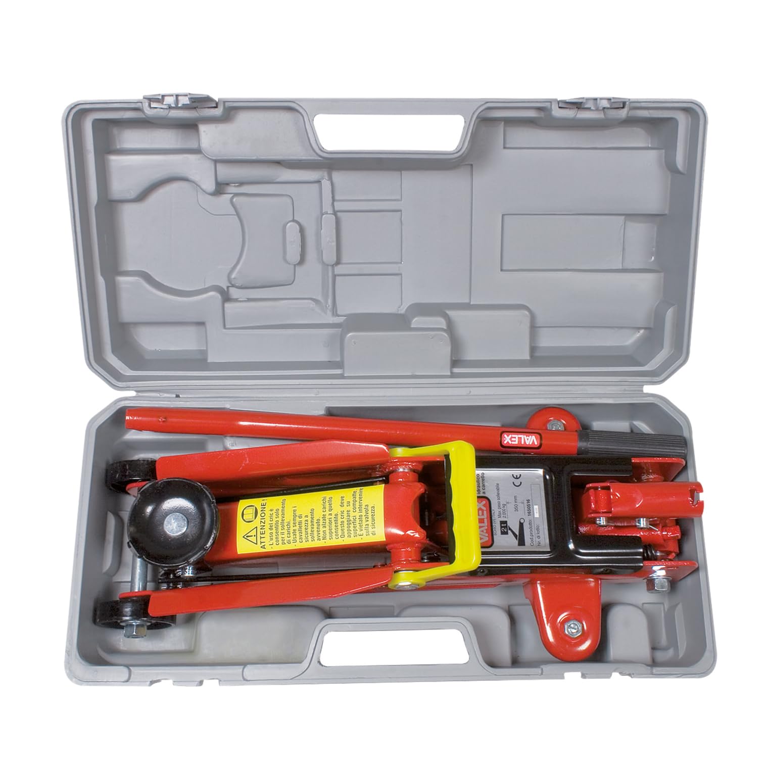 Valex Cric Idraulico a Carrello 2T – Portata 2000 kg, Altezza 135–340 mm, Maniglia Trasporto, Valigetta in Plastica Inclusa