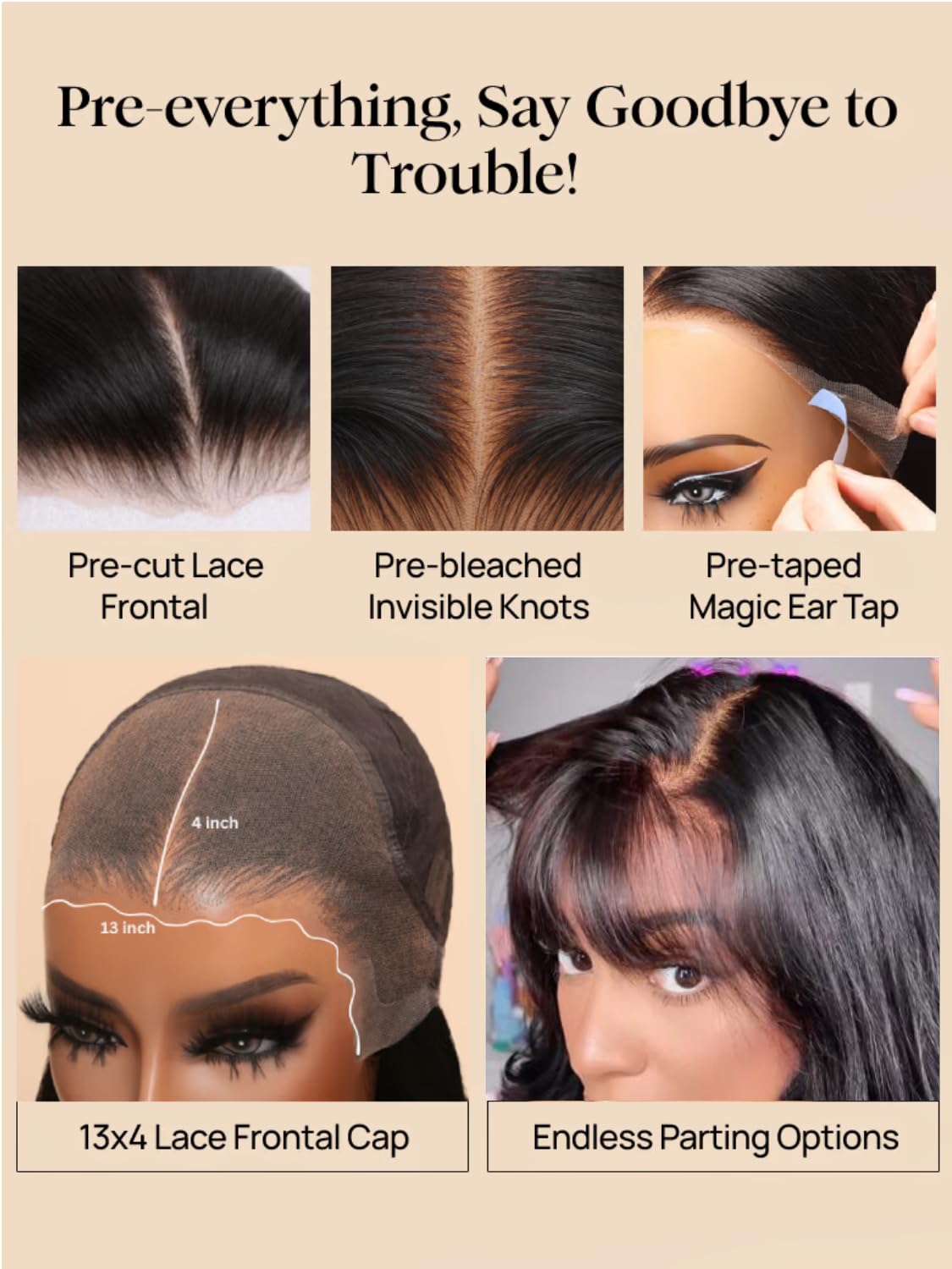 UNICE Pre Everything Body Wave 13 x 4 koronkowe przednie peruki ludzkie włosy z grzywką zasłona bezklejowa peruka ludzkie włosy wstępnie oskubane wstępnie przycięta koronka bielone węzły gotowa do