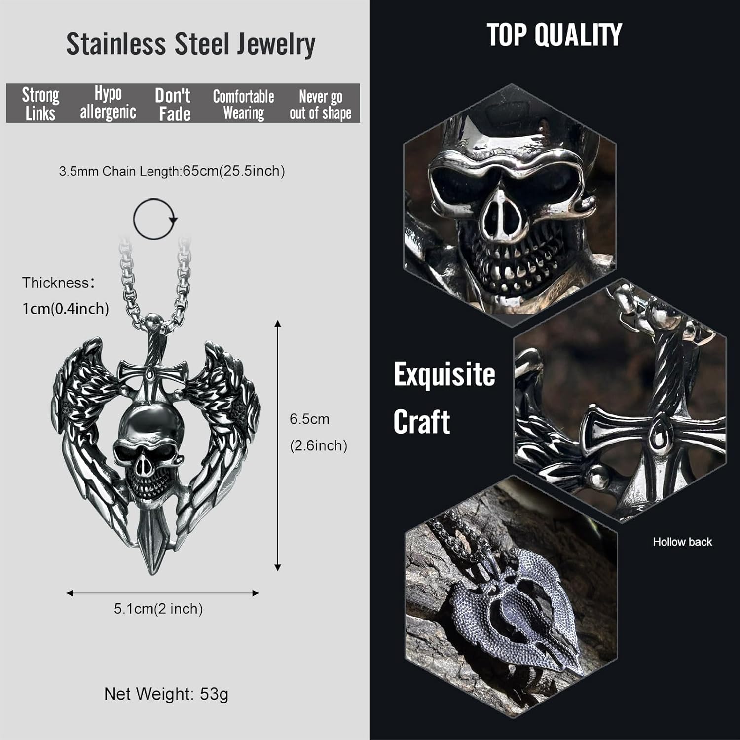bahamut Mens Skull Dragon Cross Pendant Necklace for Men Silver Cool Goth Accessory Jewelry with Stainless Steel Chain - Image 5