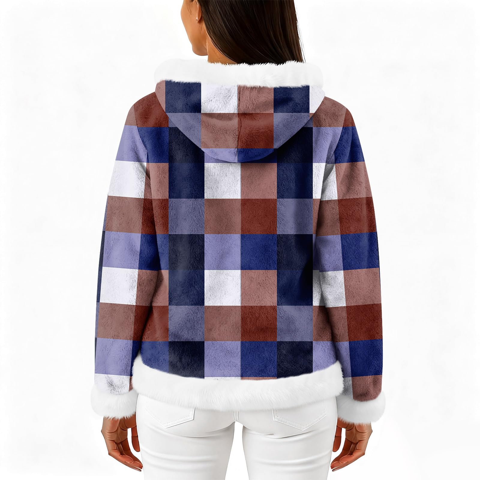 Generisch Winterjacke Damen Warm Teddyjacke Mit Kapuze Wintermantel Kariert