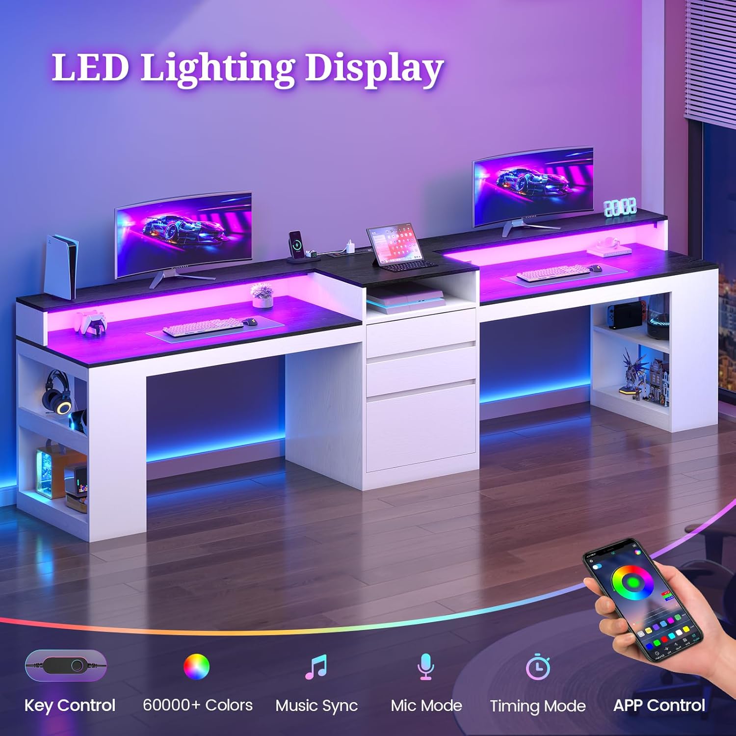 96.6" Long Computer Desk, 2 Person Desk with LED Lights & Power Outlet, Modern Two Person Gaming Desk with File Drawers, Monitor Stand, Printer Shelf ＆ Storage, Double Table for Home Office White