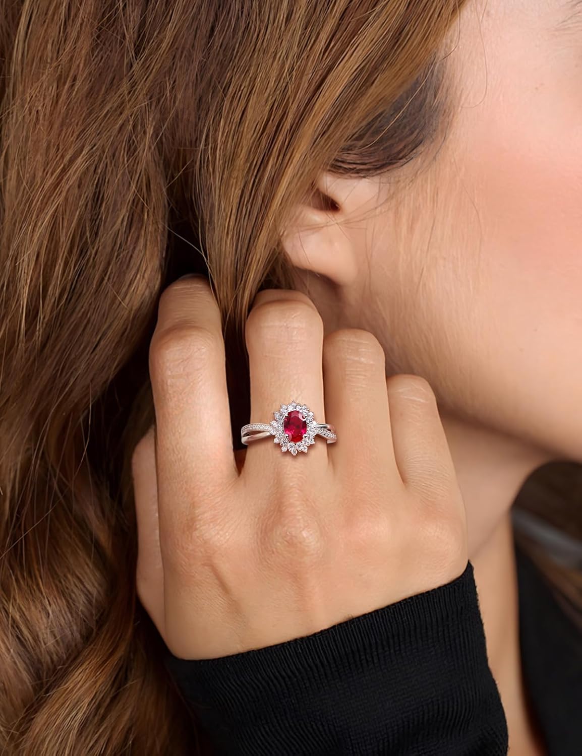 Oval Engagement Ring Sterling Silver/14K Gold Plated Sapphire/Emerald/Ruby/Aquamarine 2 Cttw Gemstone Halo Rings Split Shank Statement Rings for Women Size 6-10 - Image 2