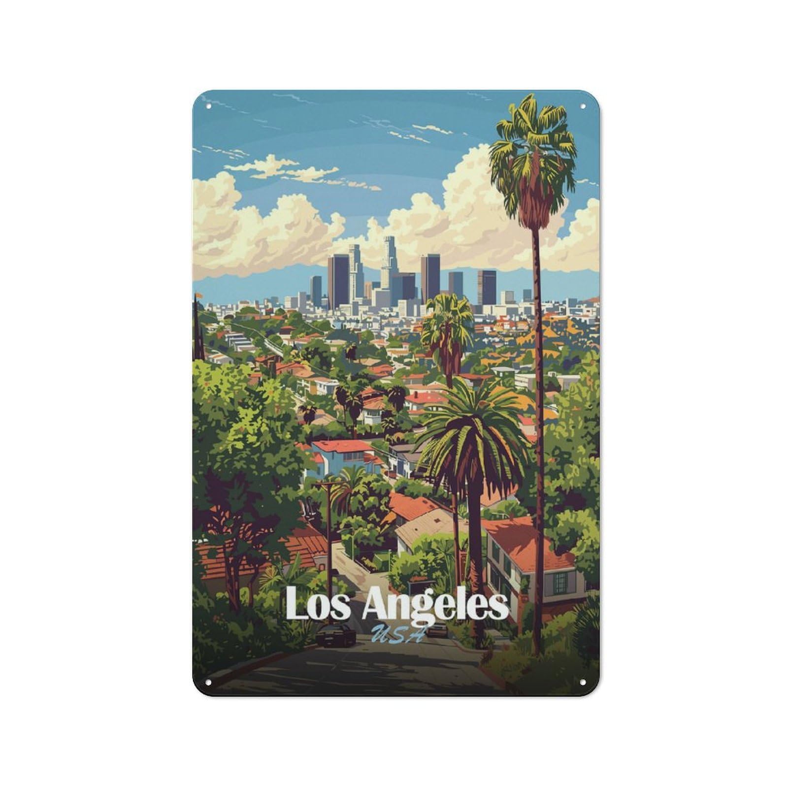 Los Angeles Cityscape Illustration(2) Decorative Tin Sign 30x20cm, Distressed Look Vintage Wall Decor for Lounge, Study, Pub Or Wall Gallery