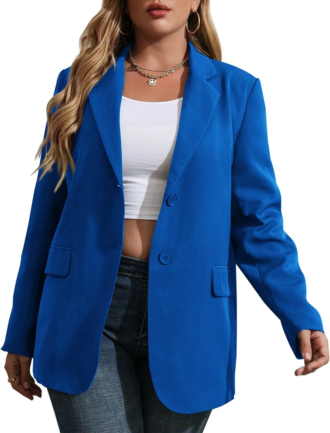 Womens Plus Size Casual Blazer Jackets Long Sleeve Open Front Buttons Work Office Lapel Blazers with Pockets