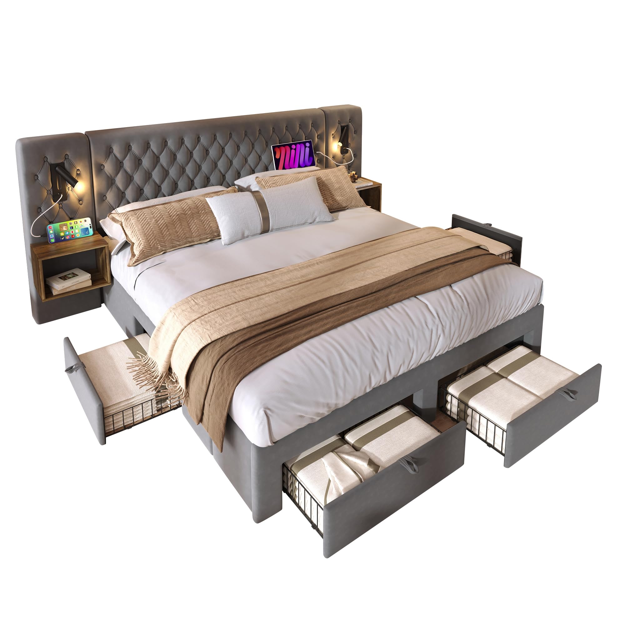 LINKHOO Linge de lit Ensemble Complet, rembourré Double avec 2 Tables de Chevet et 4 tiroirs, tête de lit liseuse avec Fonction de Charge USB, sans Matelas, Velours, 160×200 cm, Gris