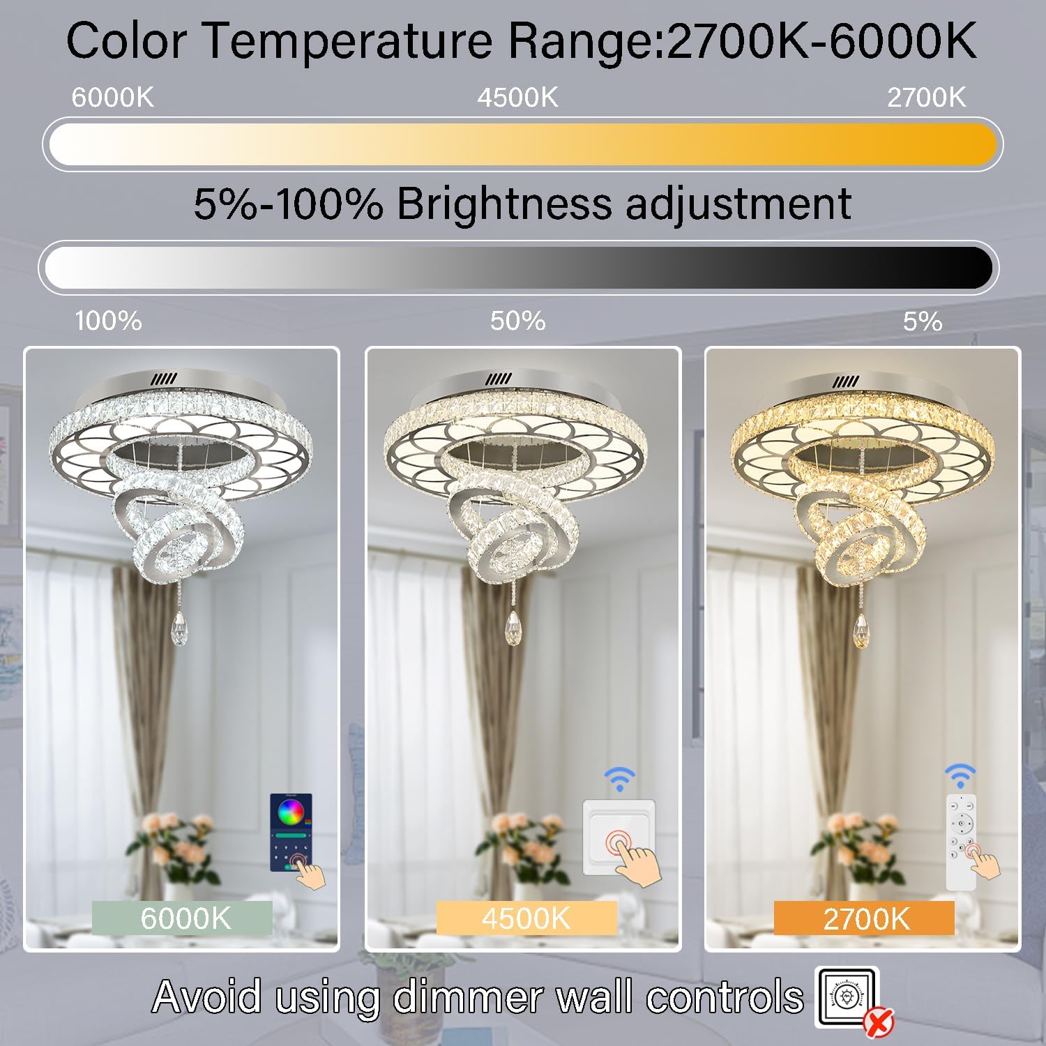 Dia 24" Modern Crystal Chandeliers for Dining Room Round Chandelier with Remote Flush Mount Ceiling Light for Living Room Bedrooms Dining Room Dimmable 2700k 4500k 6000k