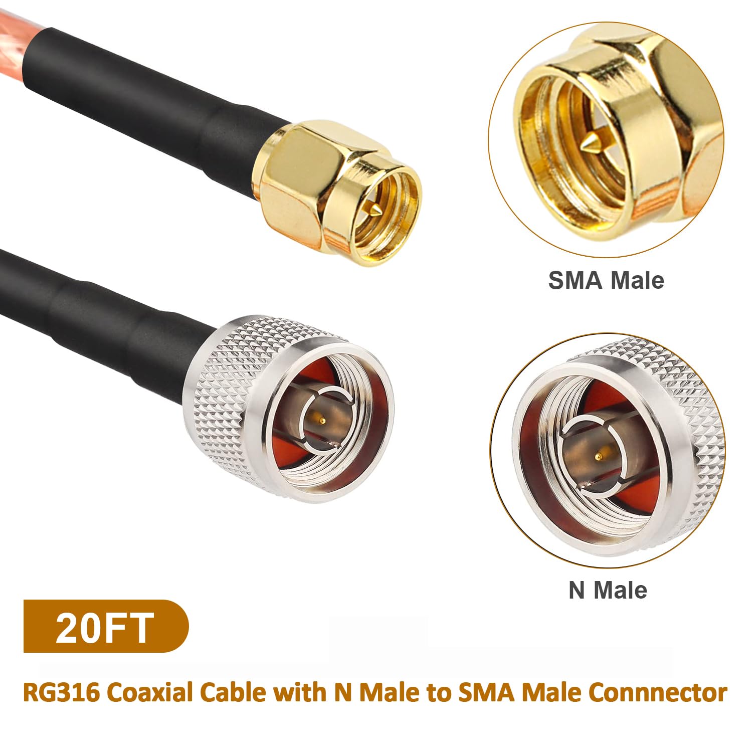 MOOKEERF Câble SMA mâle vers N mâle de 6,1 m RG316 SMA vers N 50 Ohm pour routeur WiFi, récepteur GPS, antenne, amplificateur de signal, etc