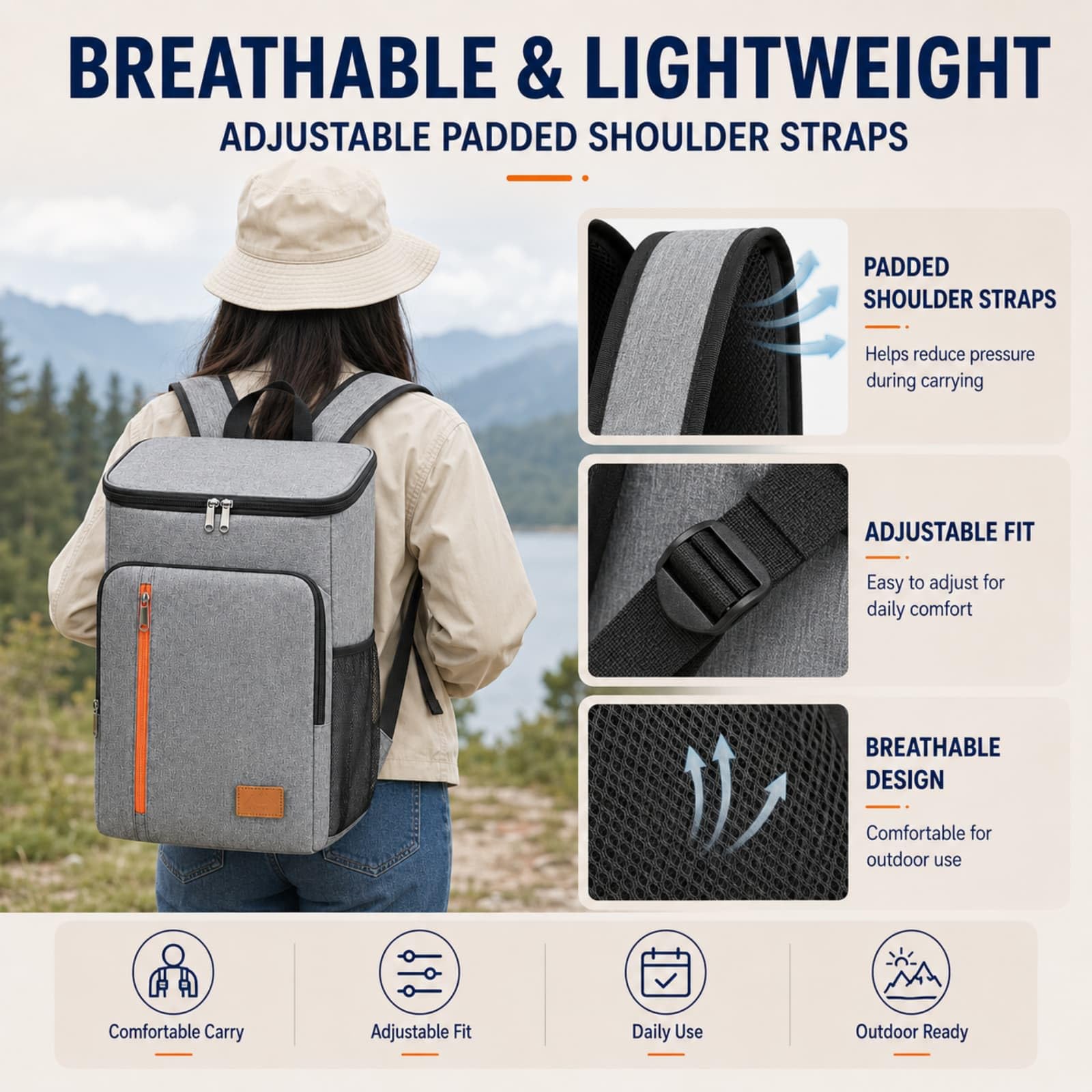 Surwin Zaino Frigo Termico,Zaino Termica Porta Pranzo Borsa Frigo Impermeabile Portatile Grande Capacità 18L Borsa da Picnic Resistente Leggero per Uomo Donna, Campeggio (Grigio,39.5x27x17cm)