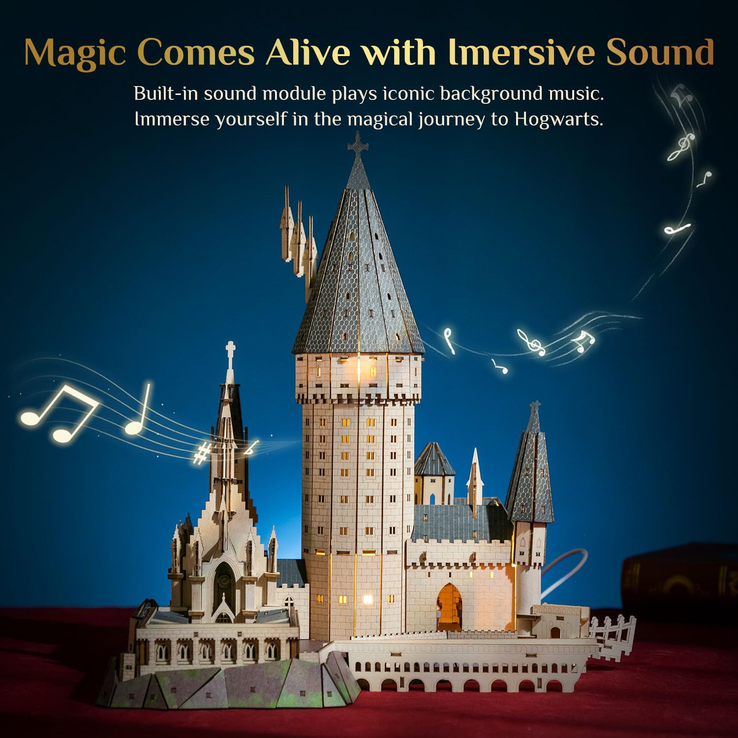 PUREMIND Harry Potter Wielka Sala, puzzle 3D z drewna, oficjalna licencja | Światło, muzyka, ruchome schody, model zamku do montażu, dekoracja na biurko, półkę lub do witryny, zestaw kolekcjonerski