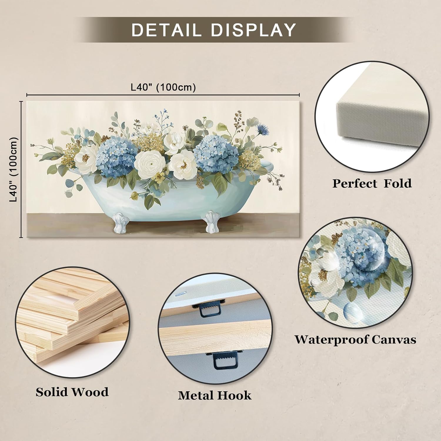 llribbons Bathroom Decor Flowers Canvas Wall Art Floral Bathtub Pictures Painting Rustic Wood Texture Blue White Bloom hydrangea Prints for Bedroom Living Room Home Office Decoration Framed 20" x 40"