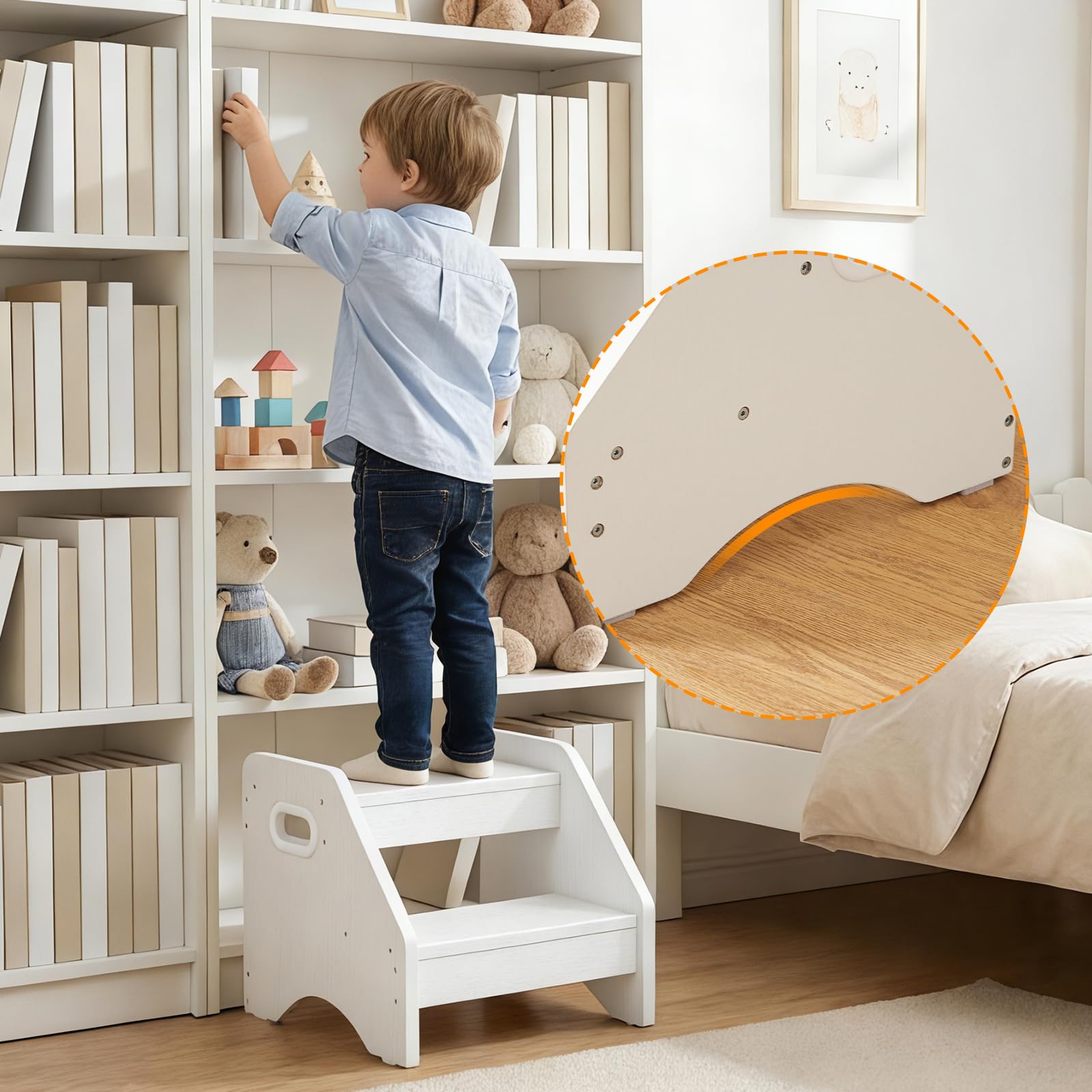 HOOBRO Scaletta a 2 Gradini Bambini in Legno, Sgabello con Maniglie Antiscivolo, Portata 30 kg, Bianco