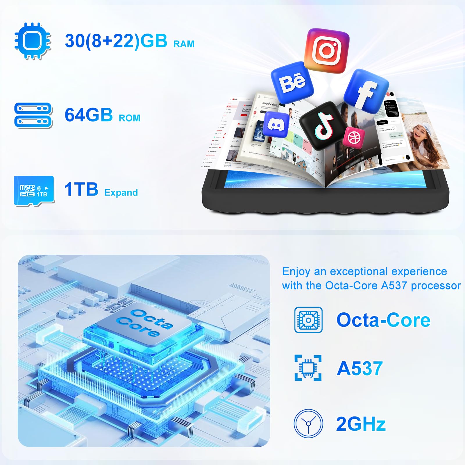 DMOAO Tablet Bambini 10 Pollici Android 15 con 30GB RAM, 5G Wi-Fi 6, 64GB ROM(TF 2TB), Control Parental, Octa-Core, 8MP+5MP, 6000mAh, Custodia Protettiva EVA + Supporto Girevole a 360°,Nero
