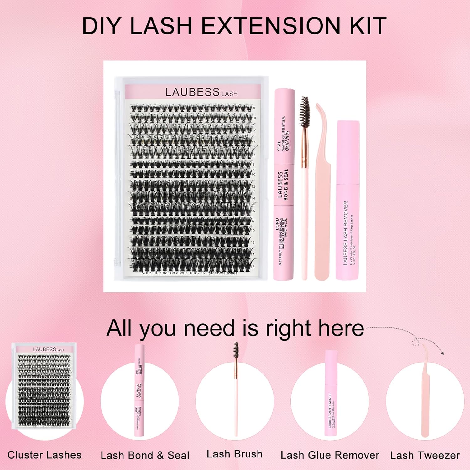 Lash Extension Kit 300 Pcs Lash Clusters Kit Lash Bond and Seal Waterproof DIY Lash Extension Kit Lash Remover Eyelash Brush Lash Tweezers Eyelash Extension Kit (Set 20D/40D/50D-0.07C-8-16Mix)
