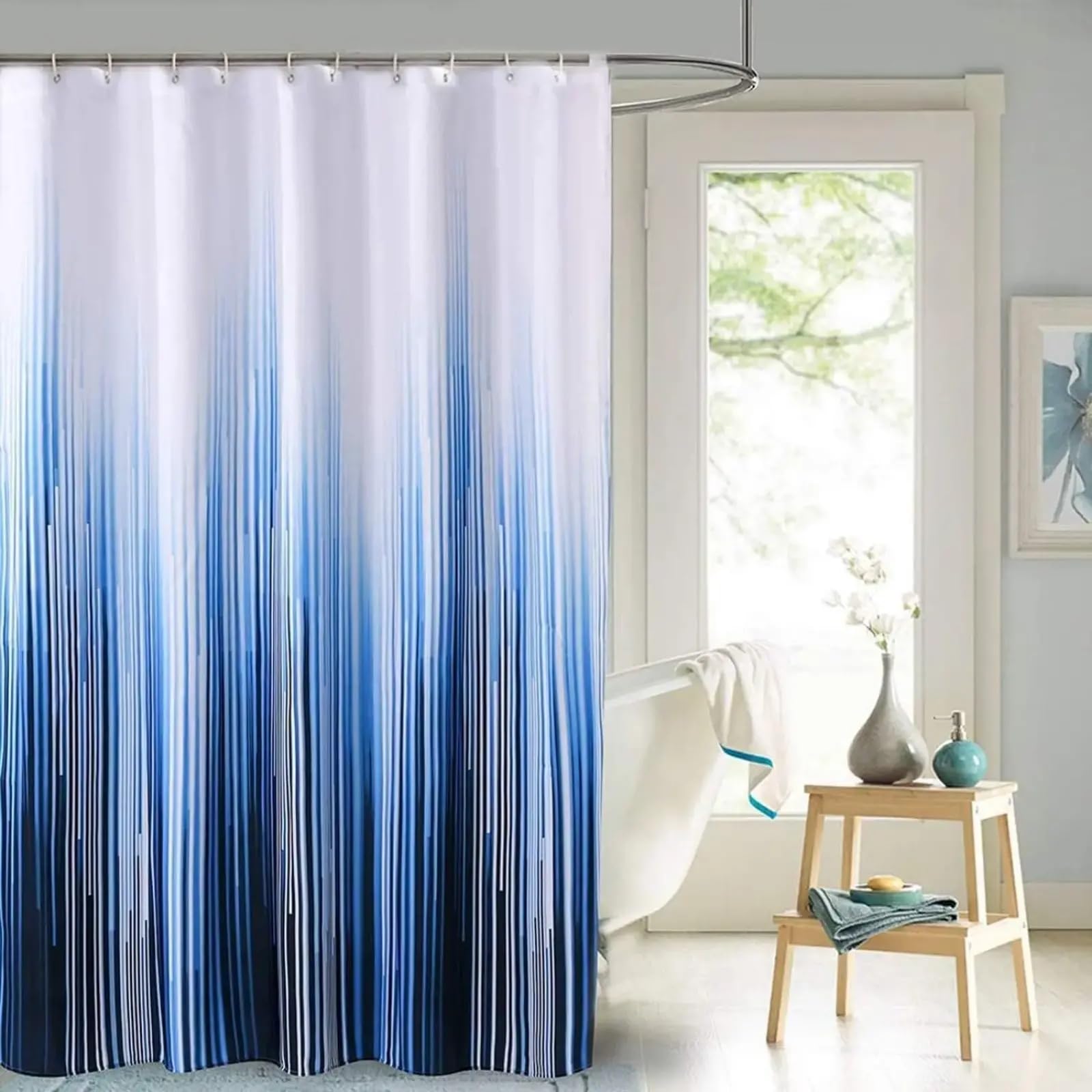 Klassischer Duschvorhang – Blau-weiß Gestreift, 160x180 Cm, Wasserdicht & Mit Anti-Schimmel, Inkl. 12 Ringe