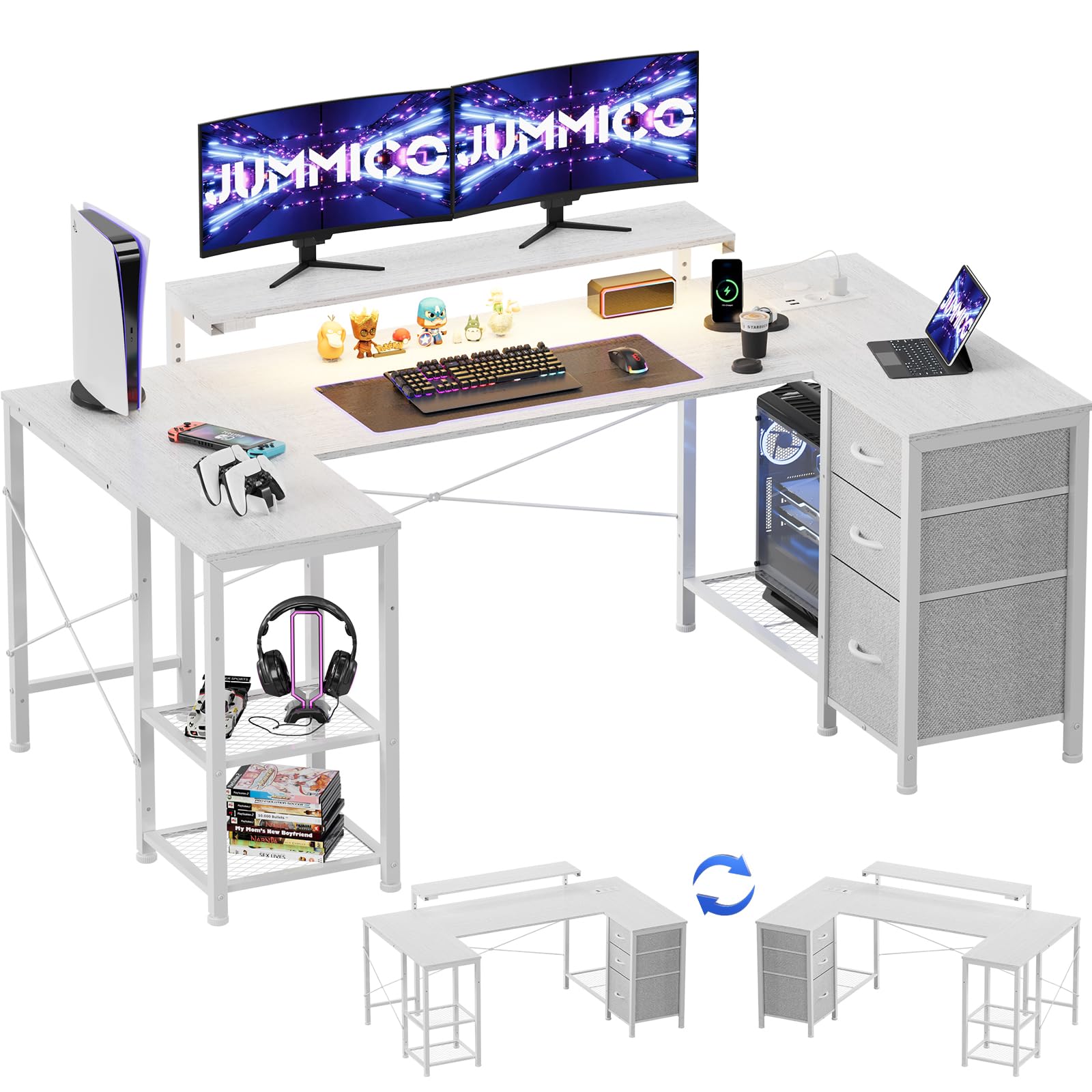 JUMMICO Scrivania da Gaming Angolare a Forma L, 170x90cm con Illuminazione LED, Supporto Monitor Regolabile in Altezza, 3 Cassetti, 2 Prese e 2 Porte USB, Scrivania in Acciaio e Legno, Bianca
