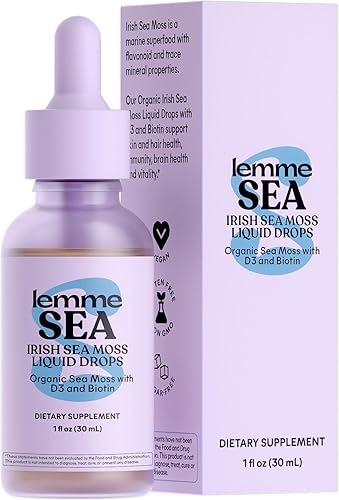 Lemme Irish Sea Moss - Gotas líquidas orgánicas con vitamina D3 y biotina para apoyo de minerales traza, inmunidad, cabello, piel y uñas, salud