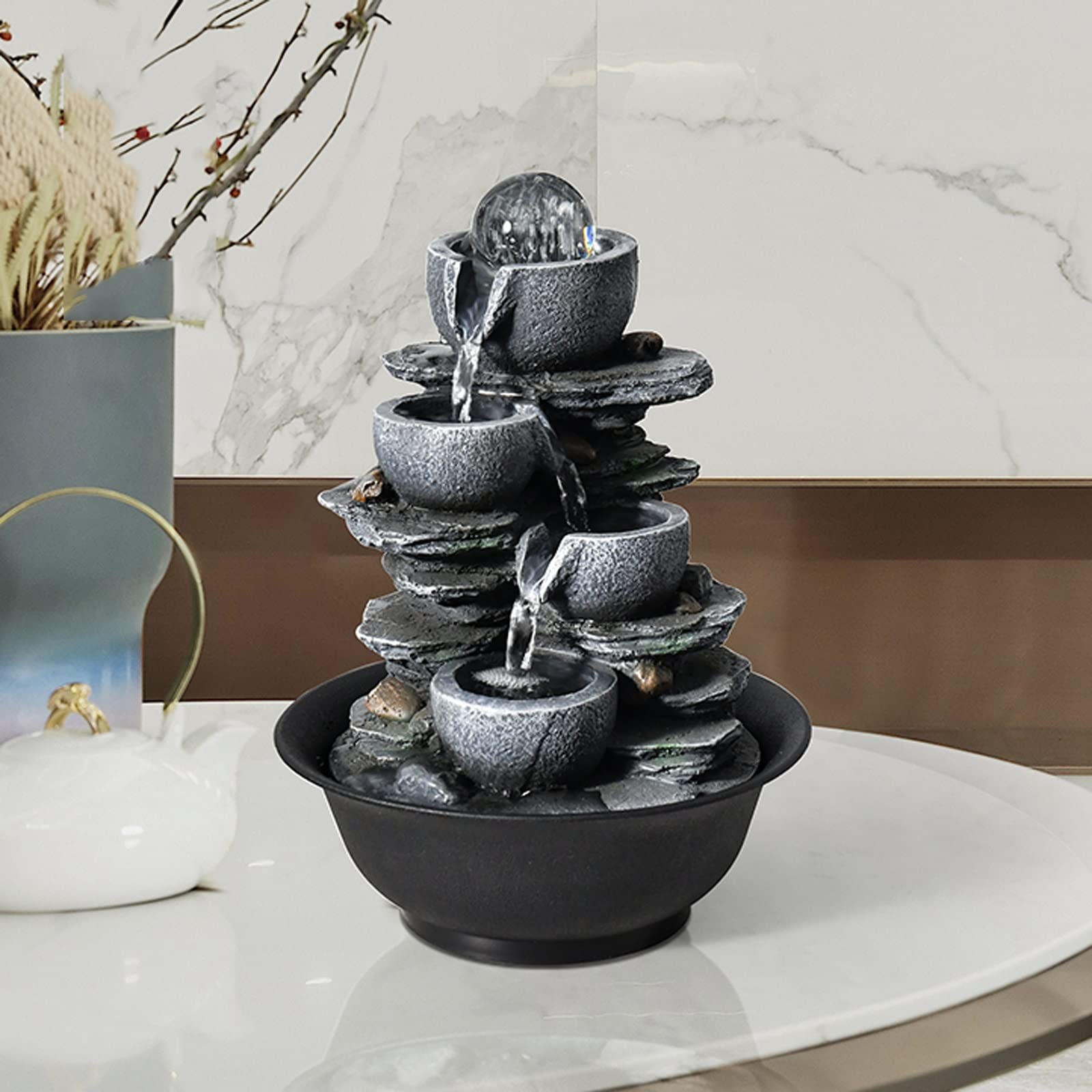 Fontane da tavolo per interni a 4 stadi Ciotola Cascata Fontana da tavolo Fontana per meditazione Zen Fontana per relax interna Fontana da tavolo con pompa automatica per ufficio Casa camera da letto