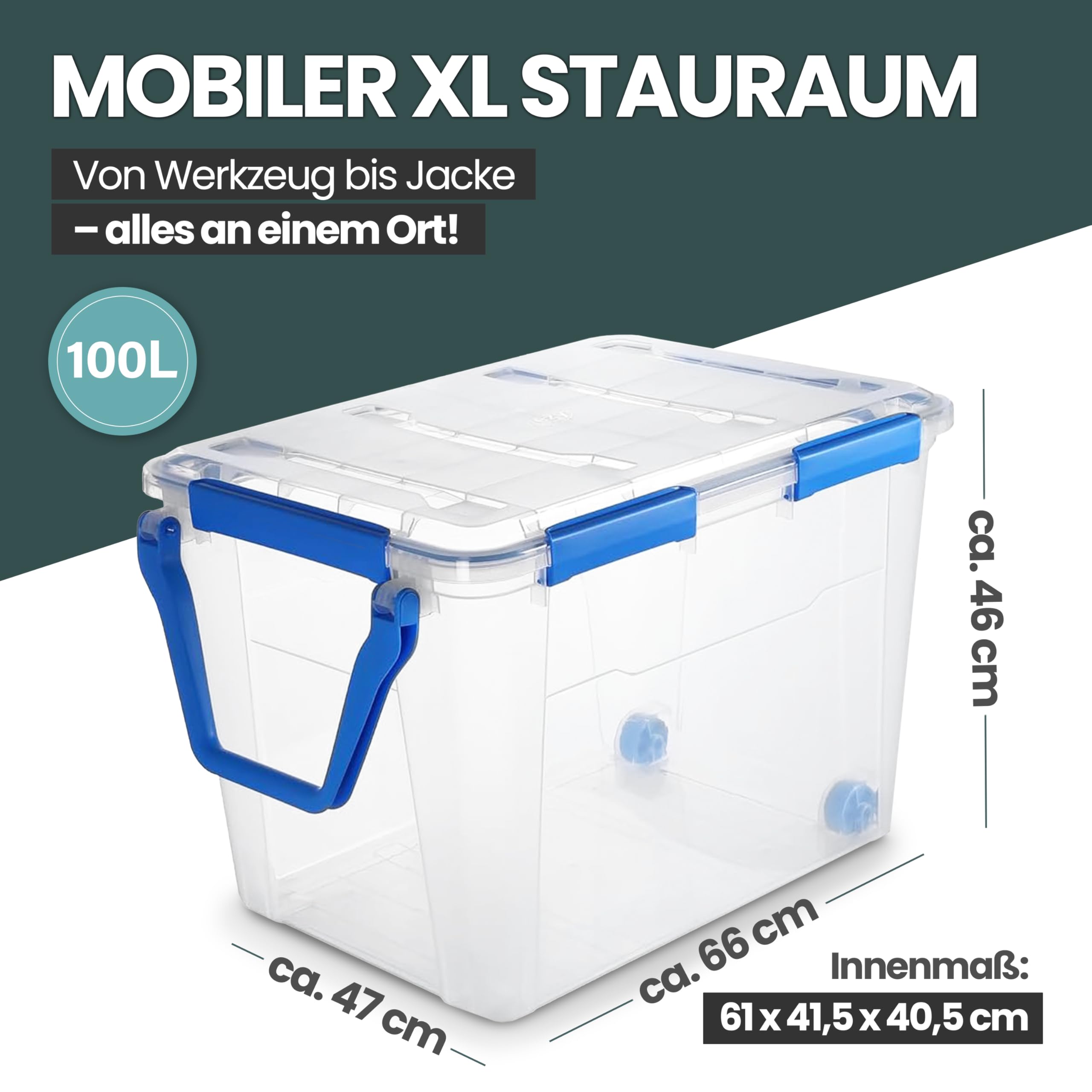 Kreher® Wasserdichte Aufbewahrungsbox Rollbox Transportbox (IP67) mit Deckel und Rollen. Aus robustem Kunststoff mit praktischen Transportgriff. 100 Liter Volumen. Staub- und Nässegschützt. (1)