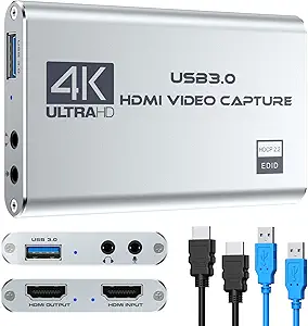 Video Capture Card 4K 1080P 60FPS, USB 3.0 HDMI Video Capture Device, HD Game Capture Card for Streaming, Work with PS4/PS5/Xbox/PC/Mac Windows 10/11
