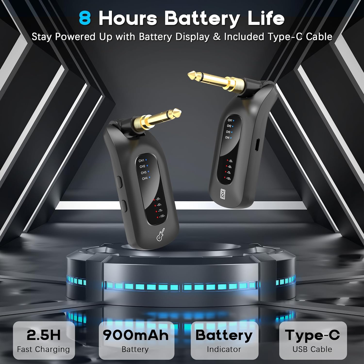 5.8GHz Wireless Guitar Audio System - Rechargeable Transmitter and Receiver with 4 Channels, Low Latency and Over 164ft Long Range Transmission, Compatible Guitar Bass Electric Instruments