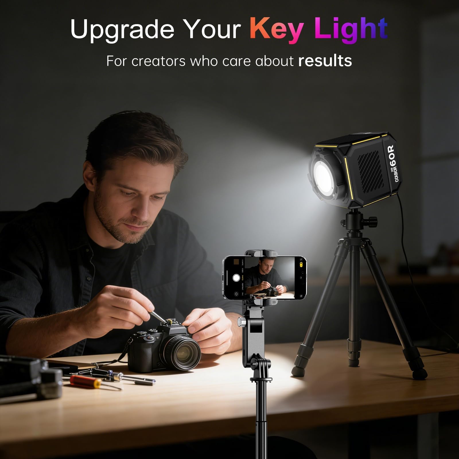 COLBOR - Luz de video LED de 60 W, luz COB RGBCW portátil con batería integrada de 59 Wh, 2700 K-6500 K bicolor y a todo color, CRI 96+, control de aplicación, compatible con alimentación PD/DC, luz