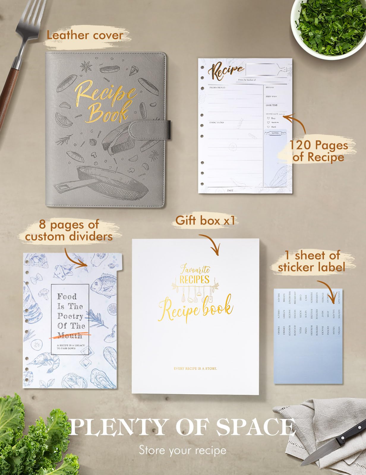 AISBUGUR Libro di ricette bianco per scrivere le tue ricette, quaderno per ricette fai da te a 9 anelli, raccoglitore per ricette con copertina rigida, organizer per ricette personalizzato con 160