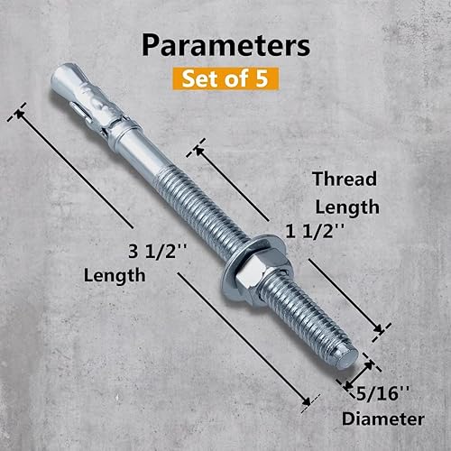 Miniatura 142 de Party Animals Anclaje de cuña de 3/8 x 5 pulgadas, 5 pernos de anclaje industriales cincados para cemento, hormigón