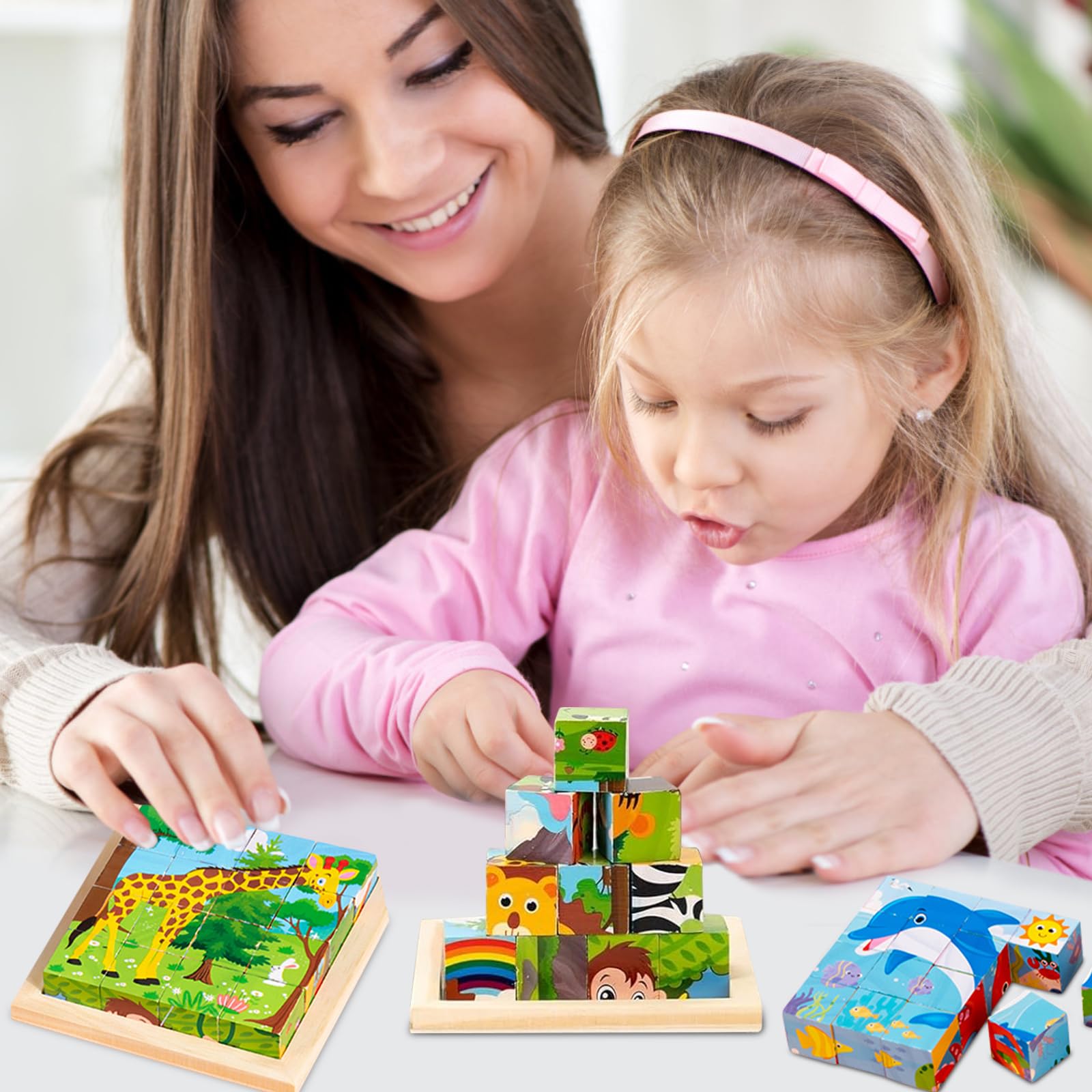 DxxD Puzzle Cubo Animali 6 In 1 In Legno Per Bambini 1 2 3 4 5 Anni, Giochi Educativi Montessori, Con Schede Riferimento - 4