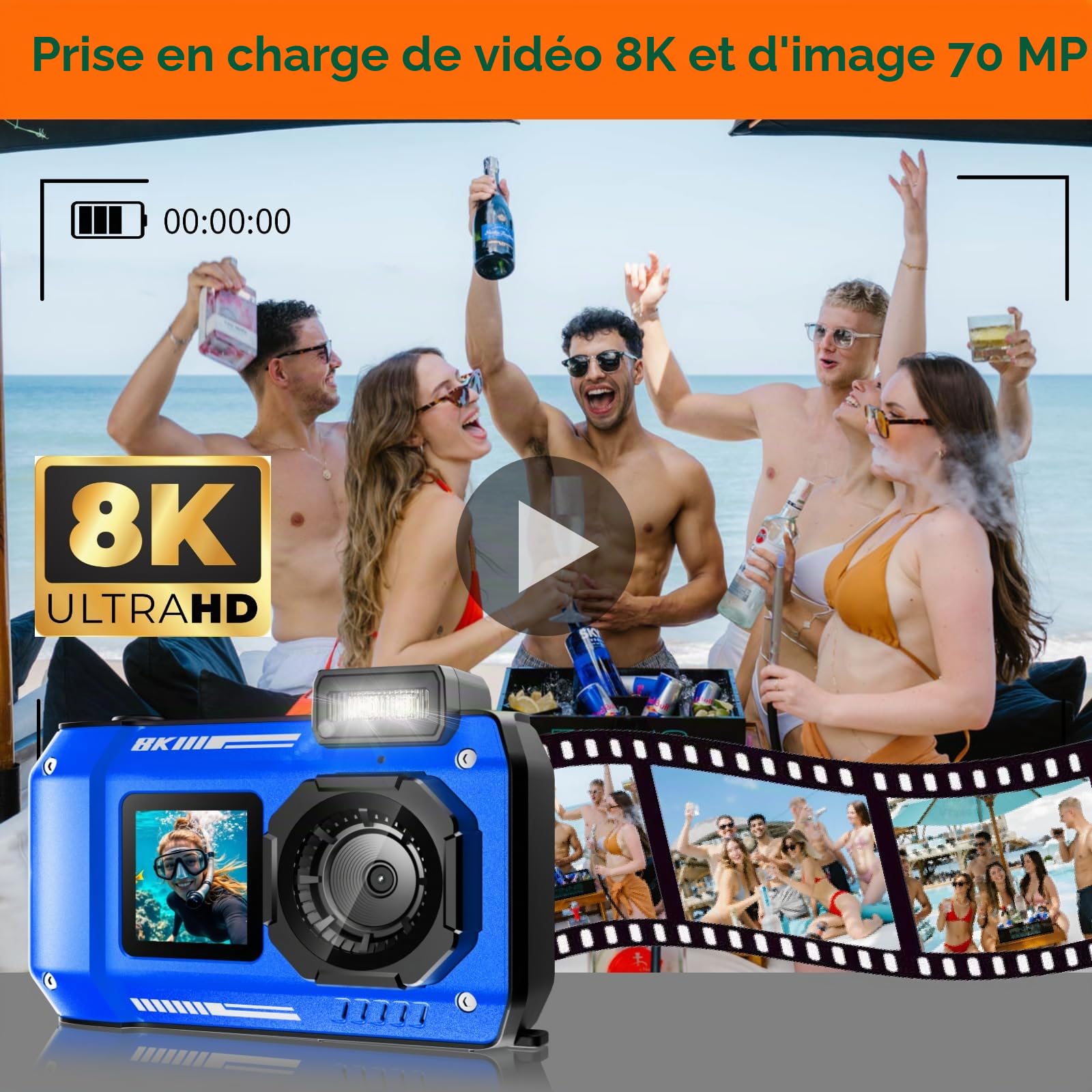 MaxMango D50 8K 70MP Appareil Photo Etanche，33FT Camera Etanche avec 64 Go de Stockage, Double écran 18x, Résistante à la Poussière et Aux Chocs, Autofocus