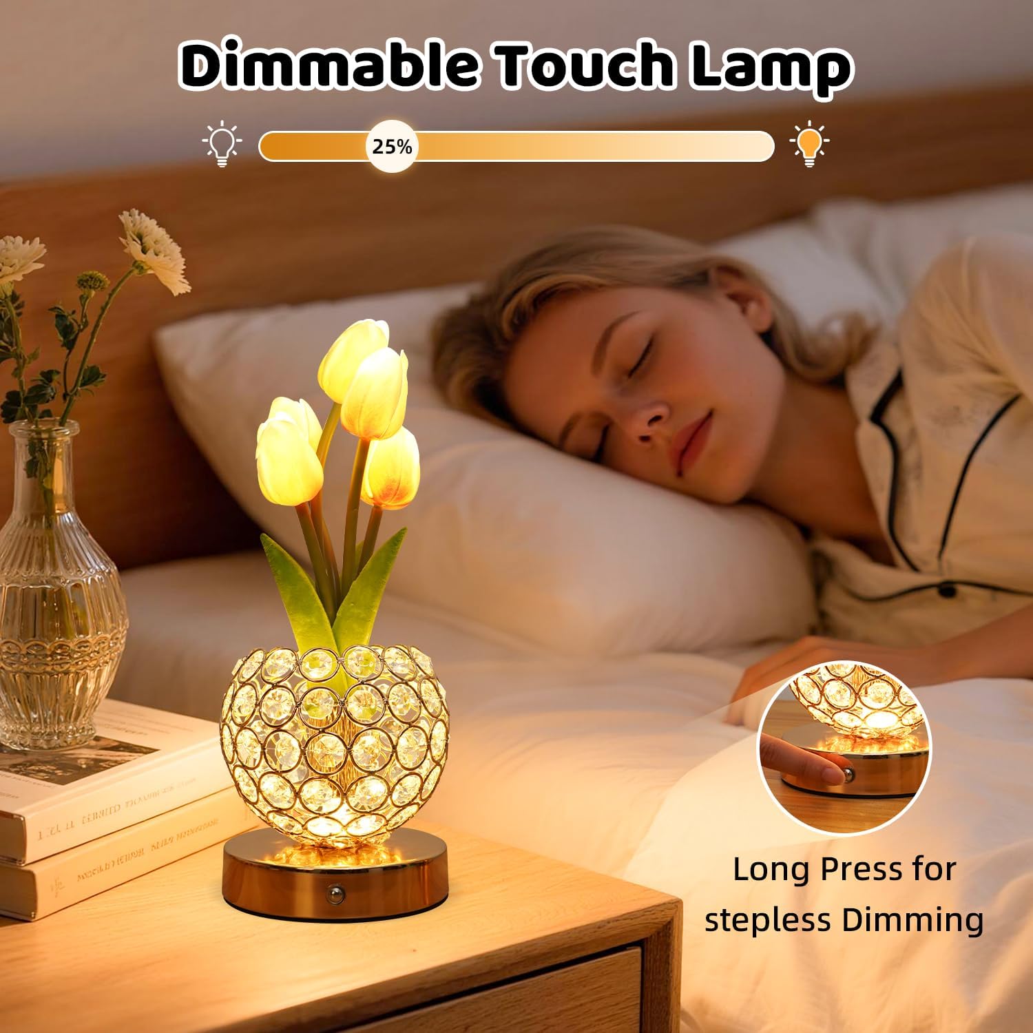 Tulip Flower Lamp,4000mAh Rechargeable Cordless Lamp with 3-Colour Stepless Dimming,Touch Control Cordless Table Lamp Night-Light for Home Decor,Unique Birthday Gifts for Women