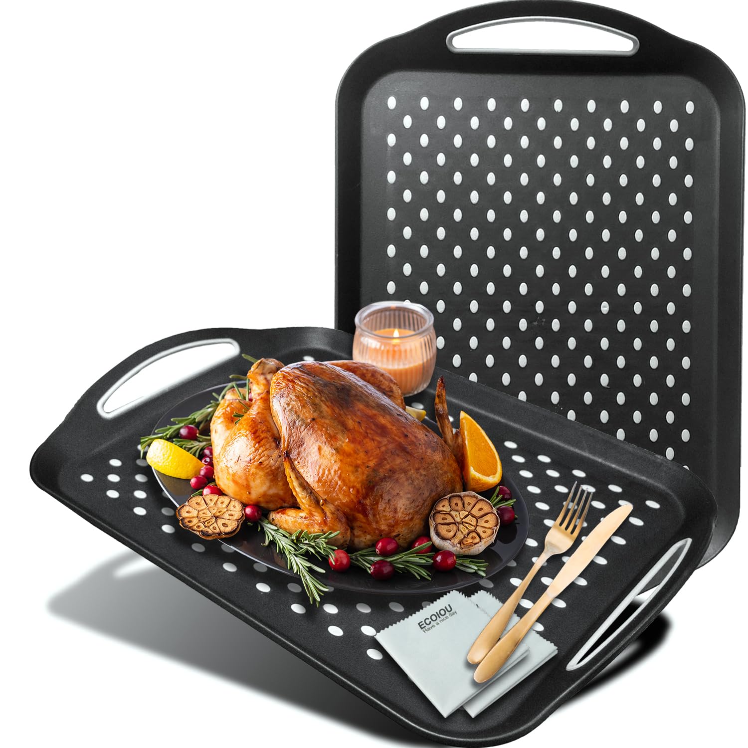 ECOIOU Bandeja antideslizante más grande para servir alimentos con asas, 17.9 x 12 pulgadas, color negro