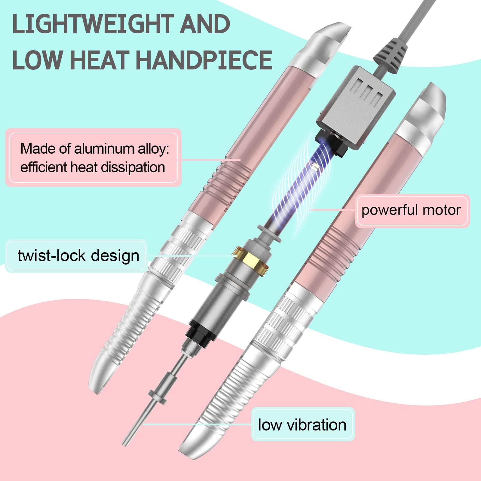 Delanie Torno para Uñas Profesional 35000 rpm Portátil Eléctrico de Gel o Acrilicas con 6 Fresas para Torno Manicura y Pedicura (Rosa Non Recargable)