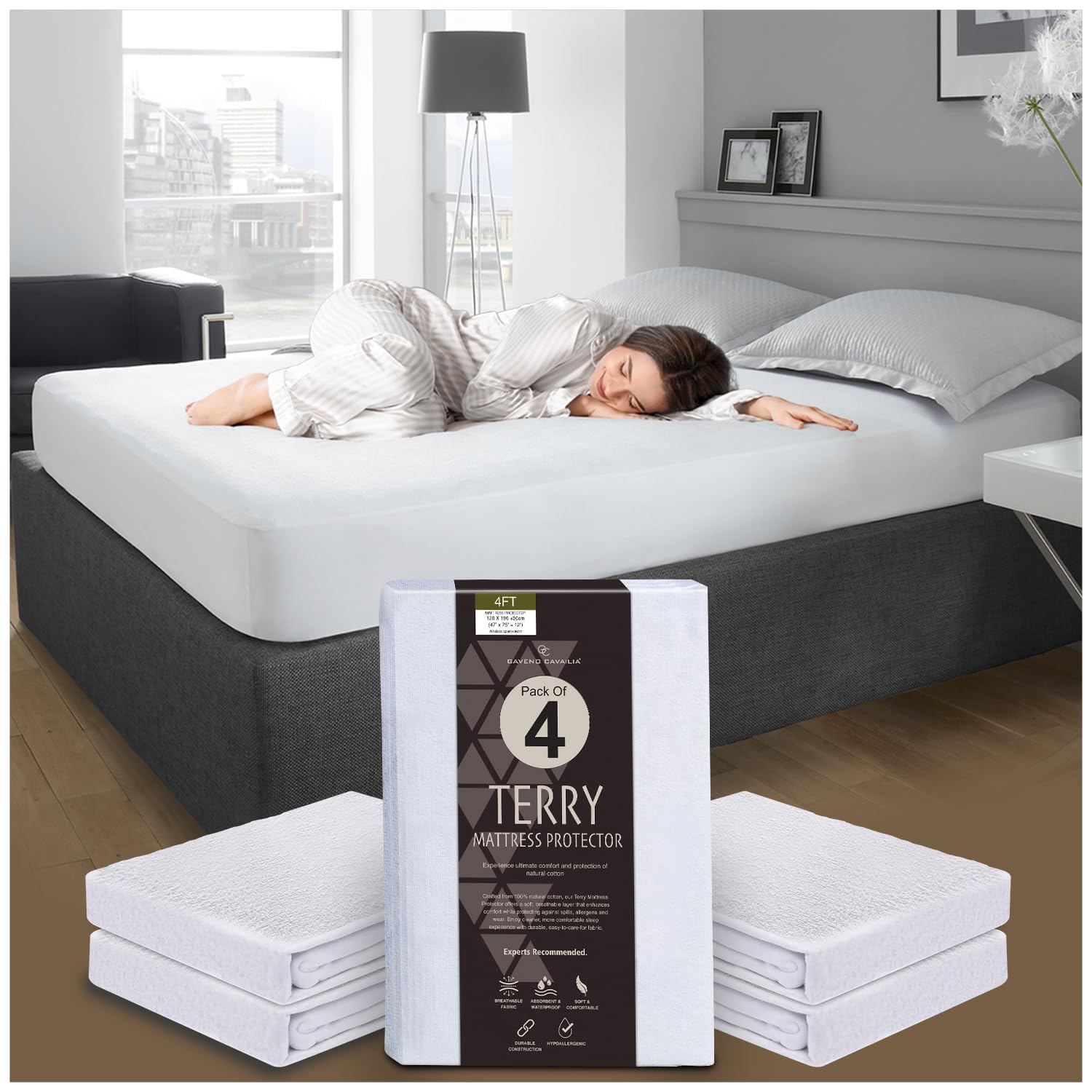 GC GAVENO CAVAILIA Terry Towel Mattress Protector Extra Deep (30cm) - Pack of 4 Anti Allergic & Non Noisy Mattress Protector - Waterproof Mattress Bed Sheet (‎190 x 122cm) - White