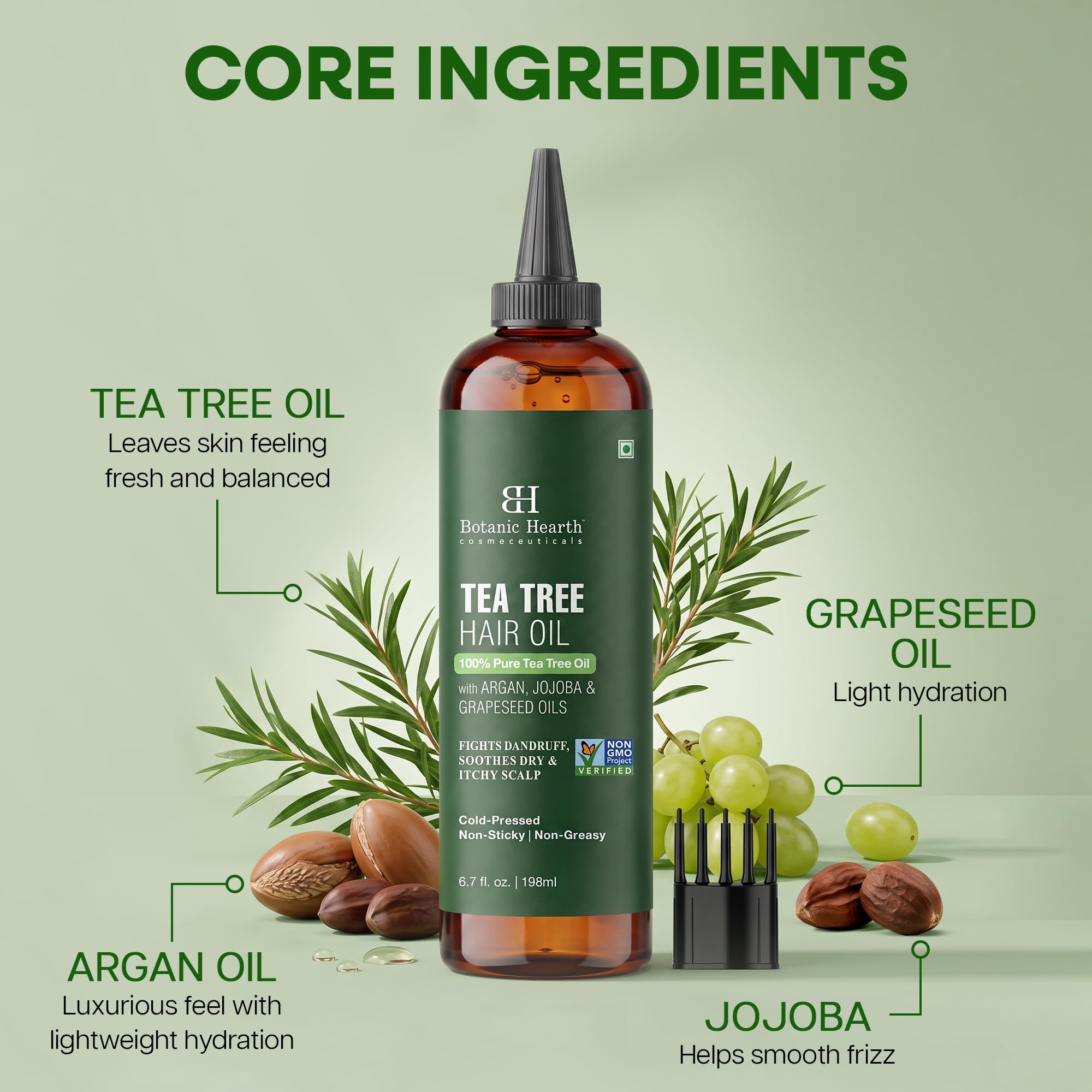 Botanic Hearth Tea Tree Oil for Hair | With Argan, Jojoba & Grapeseed Oils | Soothes Itchy Scalp & Fights Dandruff | Non OGM Verified | 6.7 fl oz