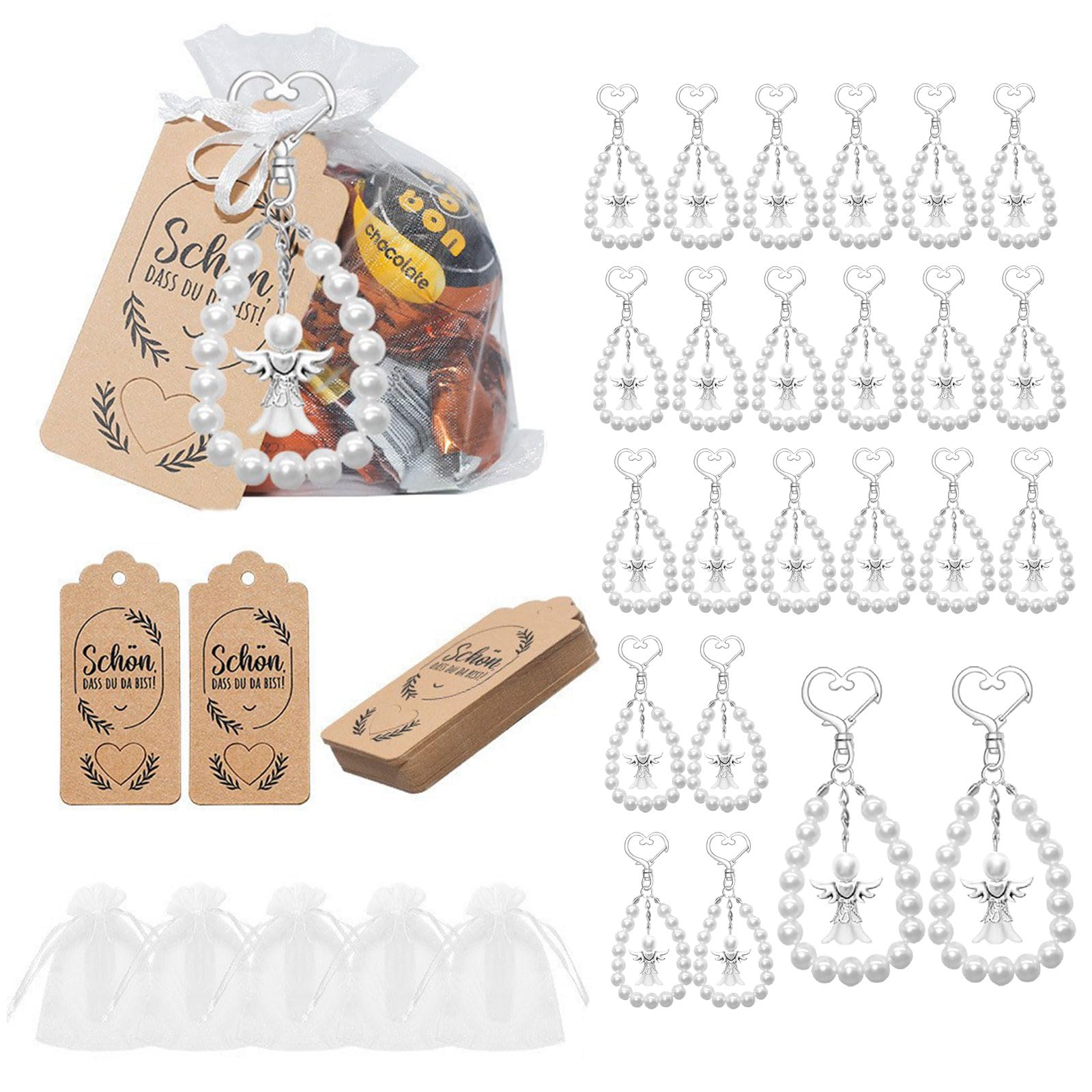 24 Stück Schutzengel Schlüsselanhänger Mit Organza-Beuteln & Kärtchen – Für Hochzeiten, Taufen, Weihnachten, Gastgeschenke