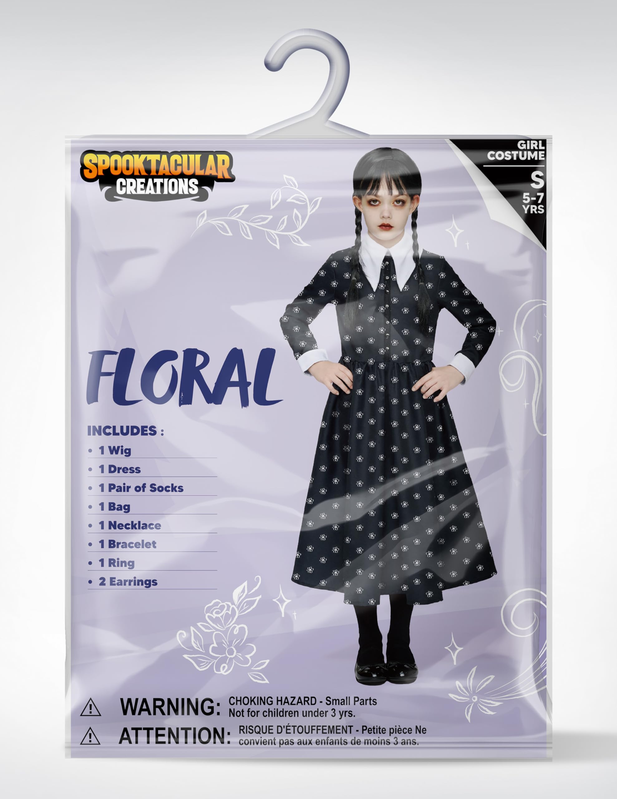 Disfraz negro de Halloween para niñas, vestido con estampado floral negro con peluca y acciones para niñas, disfraz de Halloween y juegos de rol (M, 8-10 años)) 5