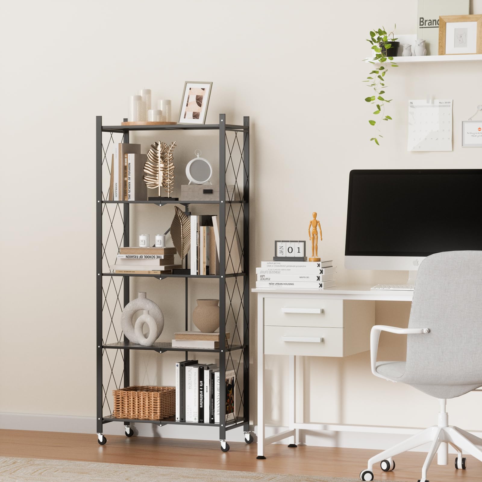 ALANNG Klappregal mit Rädern - Standregal mit 5 Ablagen, Bücherregal aus Metall - Montagefrei & Stabil - Für Küche, Wohnzimmer, Keller, Büro - Schwarz