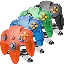 4 Pack Classic 64 Controller, miadore Wired N64 Controllers with Upgraded Joystick (Non PC USB Version) (Black/Clear Green/Clear Blue/Clear Orange)